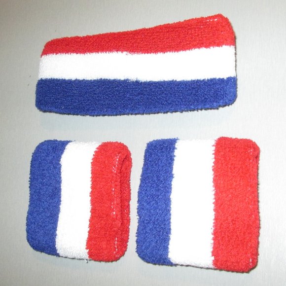 RETRO Red White Blue Striped Terry Cloth Gym Sweatband Set Headband & Wristbands - Picture 1 of 1
